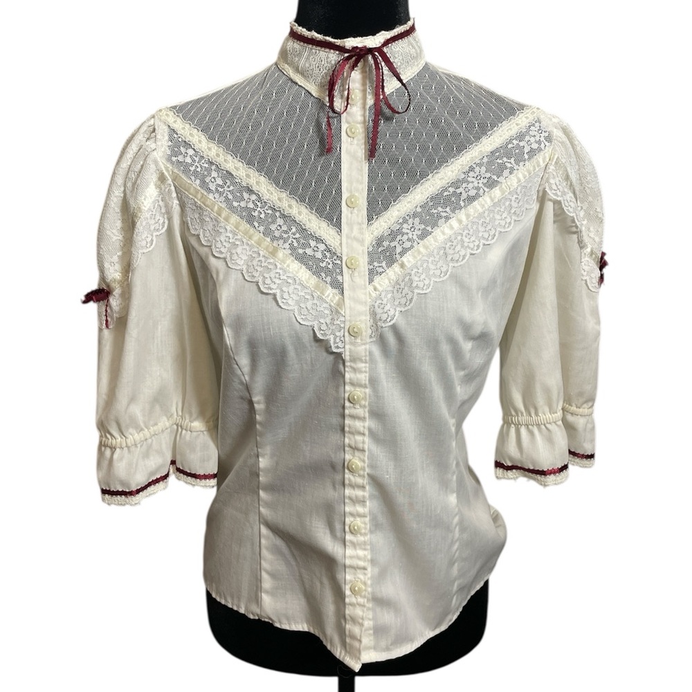 Gunne Sax Vintage 70s Lace Blouse High Neck Short Sleeve Top Jessica's Gunnies